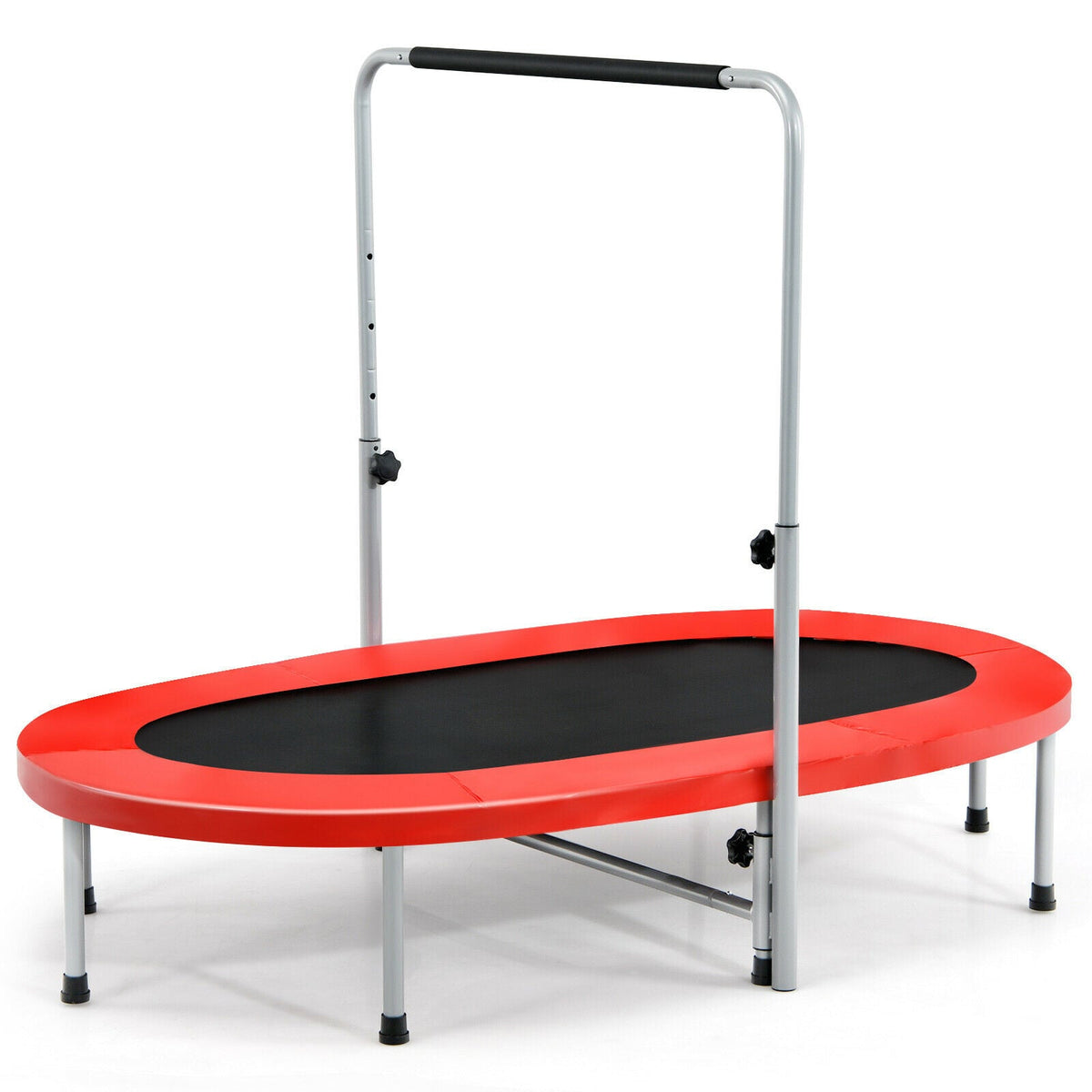 Double Foldable Fitness Trampoline with Adjustable Handrail in red with a black jumping mat
