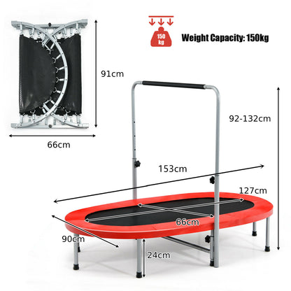 The fitness trampoline shown with its folded dimensions and full size measurements