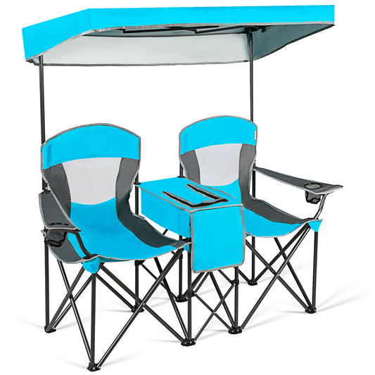 Double Folding Camping Chair with Canopy and Armrests in blue on a white background