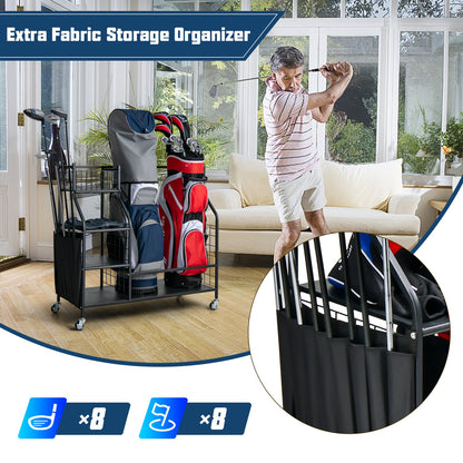 The golf storage unit shown with a close-up of the fabric side pocket for clubs