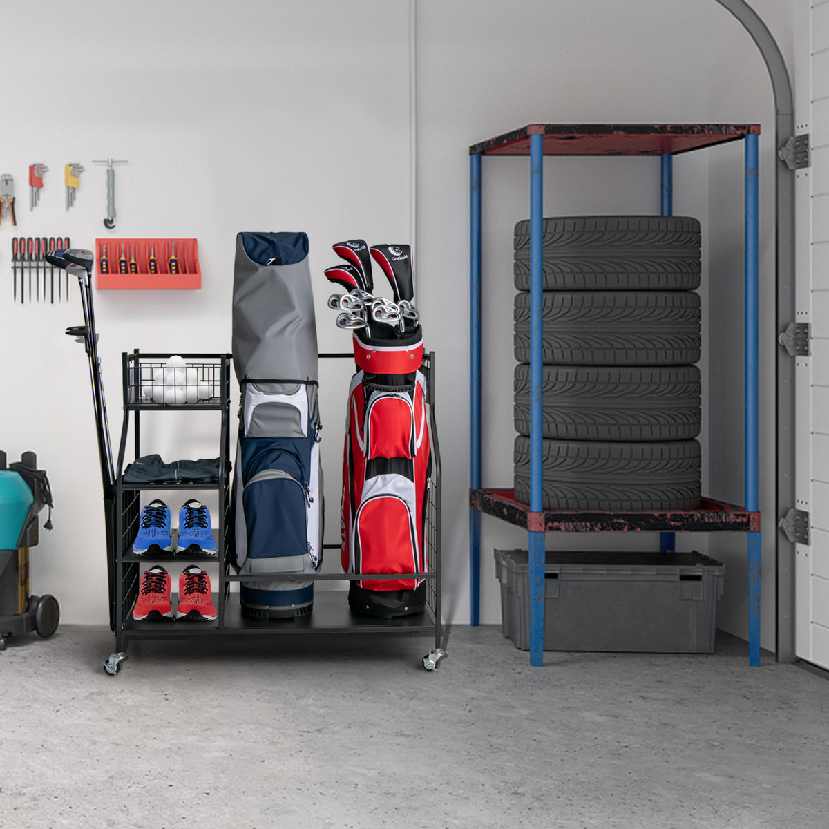 The golf storage unit placed on a concrete floor inside a tidy garage setting
