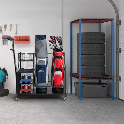 The golf storage unit placed on a concrete floor inside a tidy garage setting