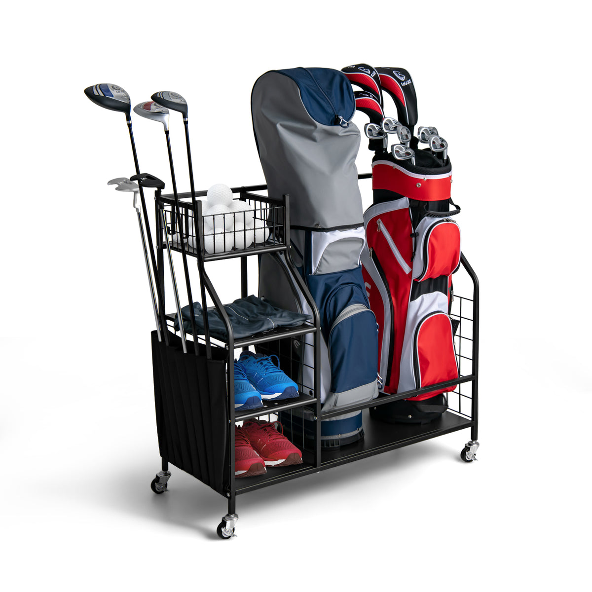 Double Golf Bag Storage Rack holding two bags, clubs, shoes, and balls on a white background