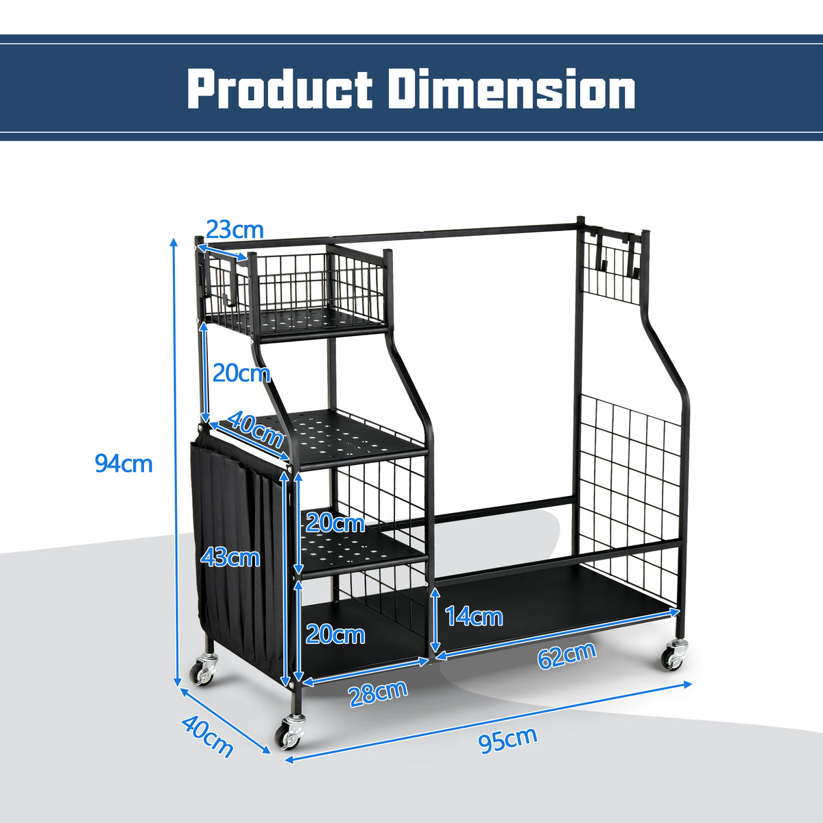 The golf storage unit with blue arrows and text indicating the various dimensions