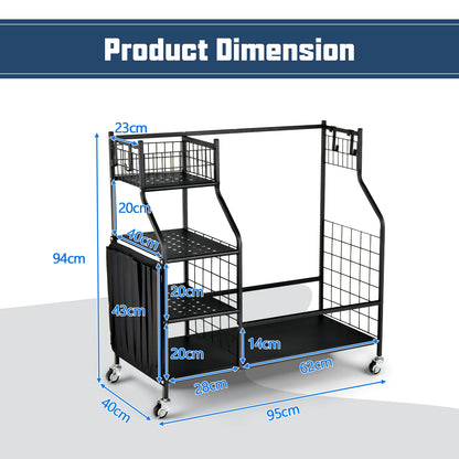 The golf storage unit with blue arrows and text indicating the various dimensions
