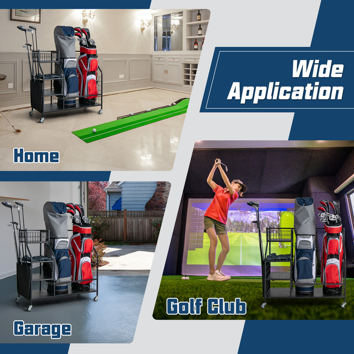 The golf storage unit displayed in home, garage, and golf club environments