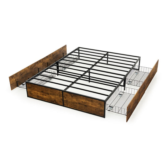 Double Metal Bed Frame shown from a high angle with four wire storage drawers pulled out