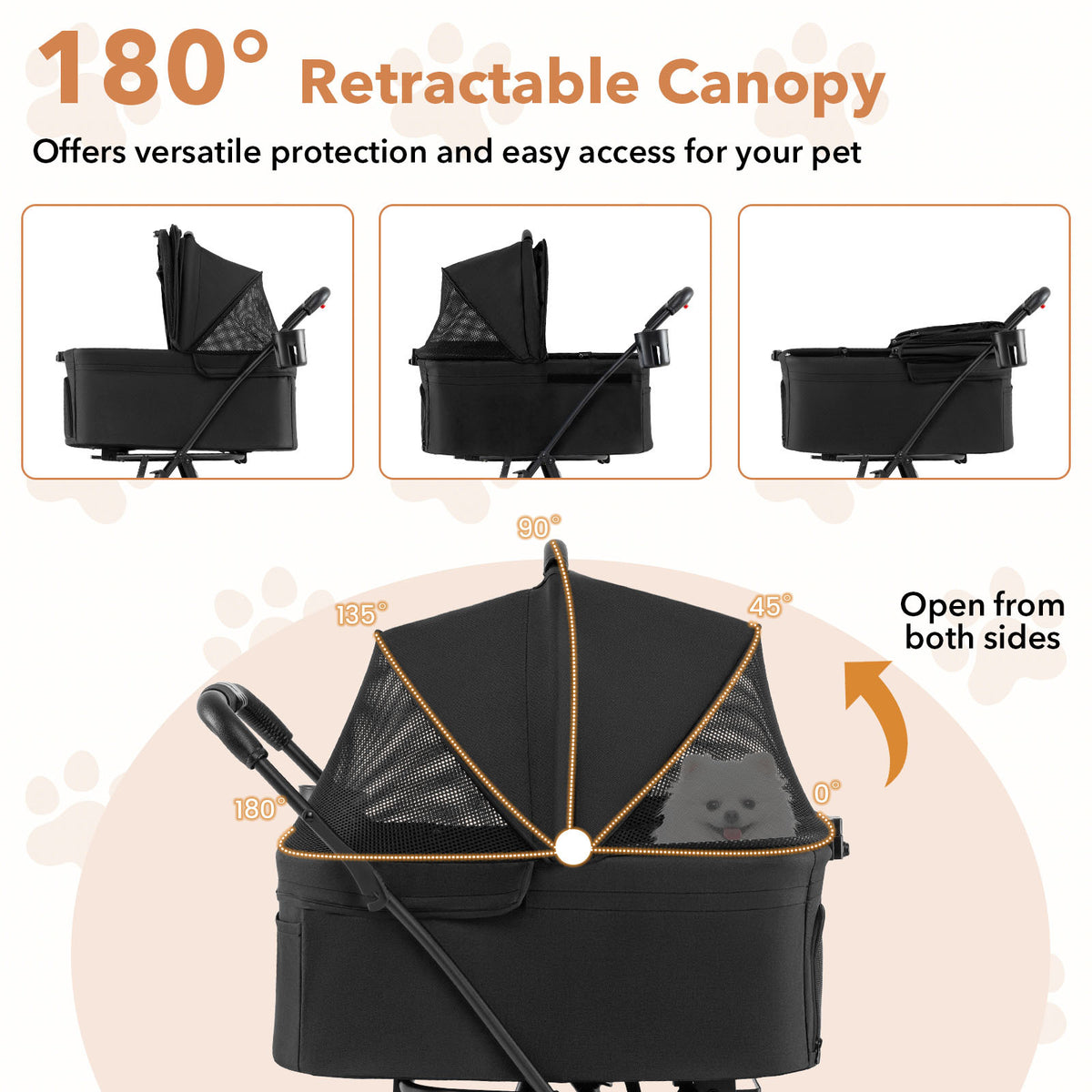 The dog stroller canopy showing different opening angles and positions for the pet