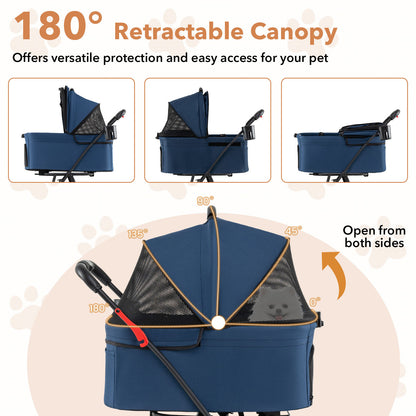 Close up of the blue double pet stroller canopy, showing it retracting to different angles
