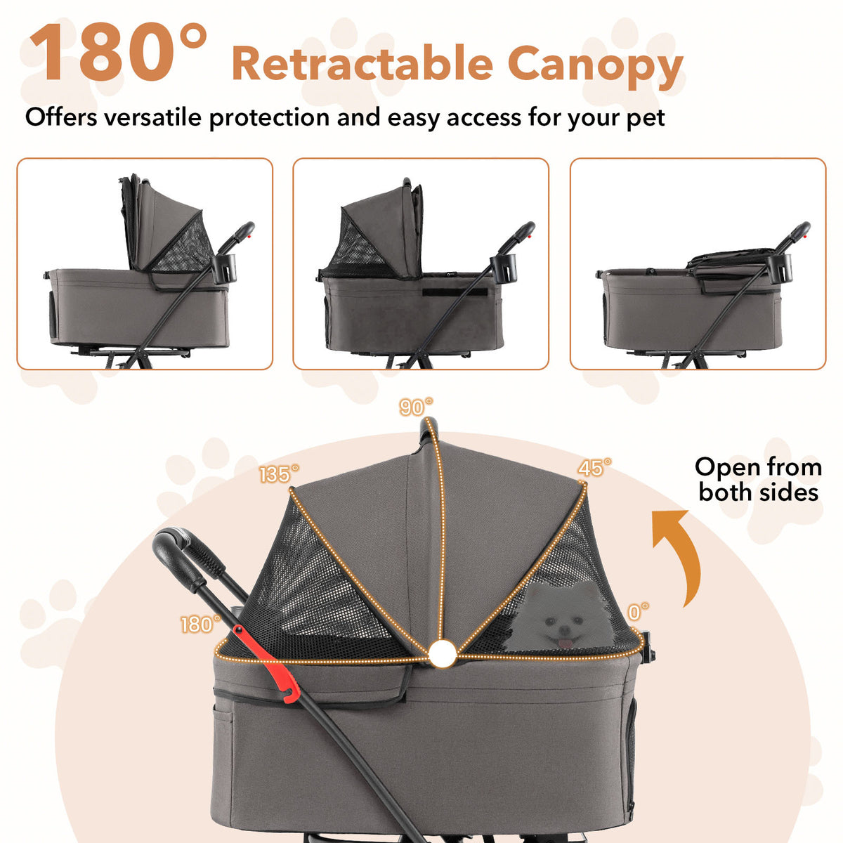 The dog stroller canopy shown in different positions to demonstrate how it opens