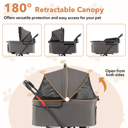 The dog stroller canopy shown in different positions to demonstrate how it opens