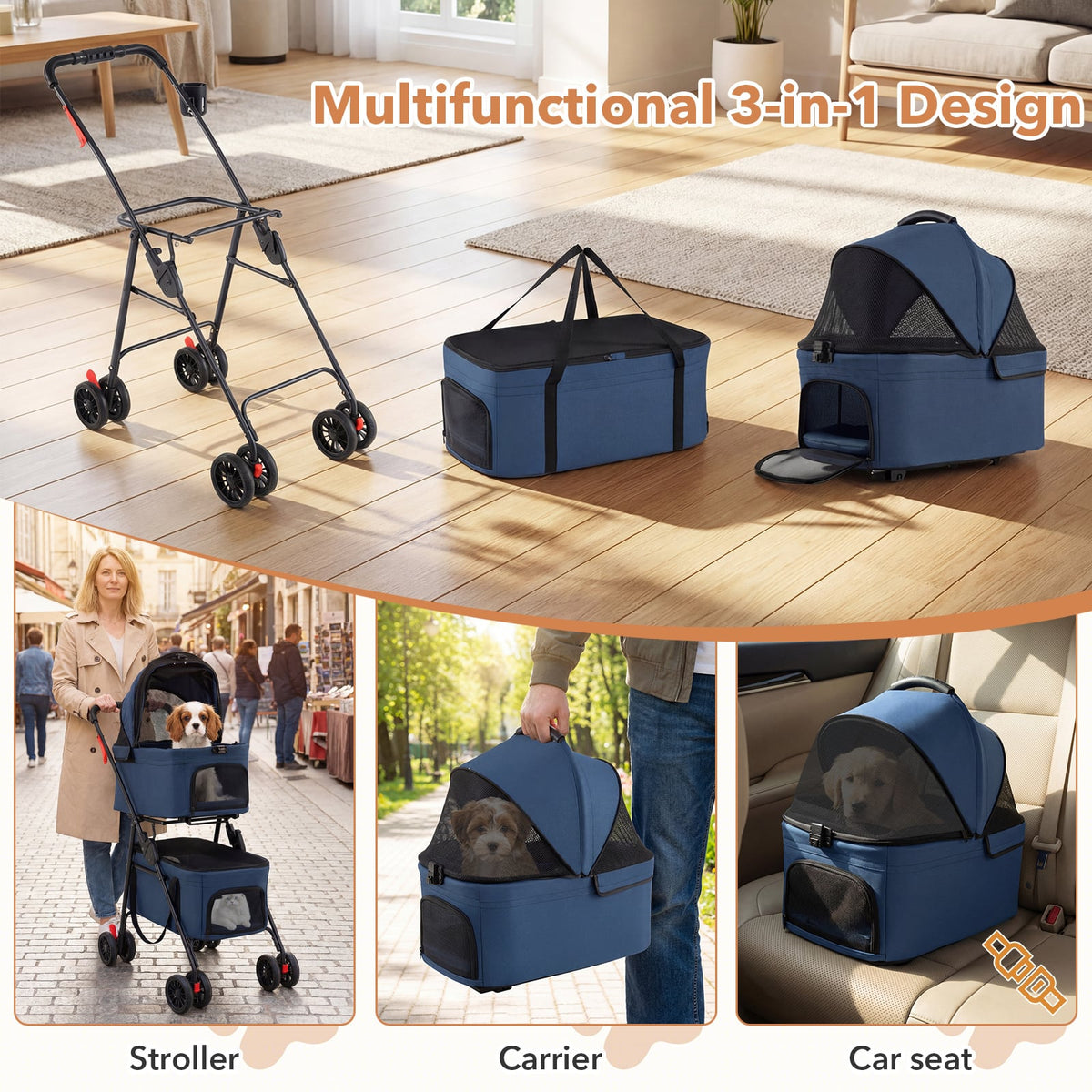 The blue double pet stroller shown as a stroller, a carrier, and a car seat, with a dog in each configuration