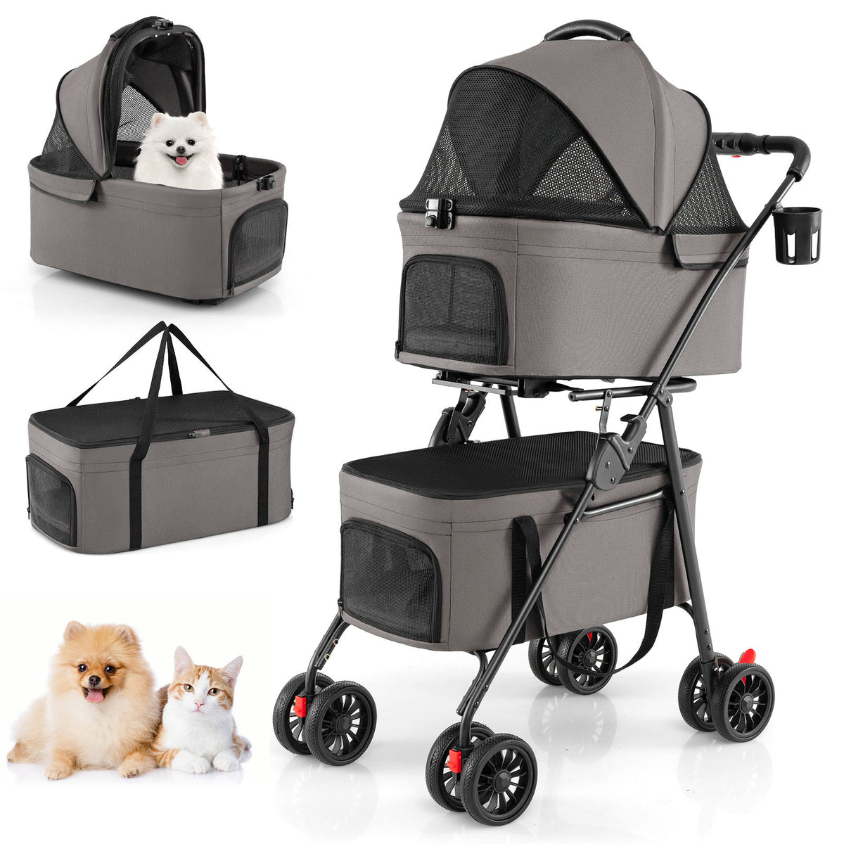 Double Pet Stroller 3 in 1 Foldable shown with detachable carriers and a small white dog
