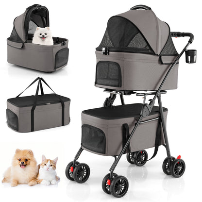 Double Pet Stroller 3 in 1 Foldable shown with detachable carriers and a small white dog