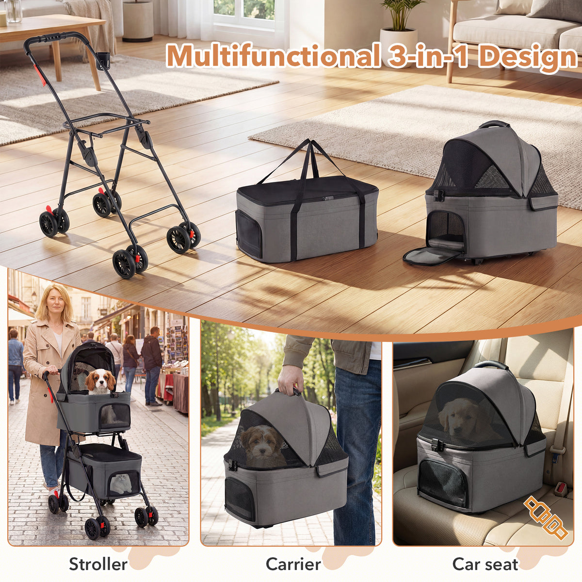 The dog stroller shown as a frame, a carrier, and a car seat in a bright living room