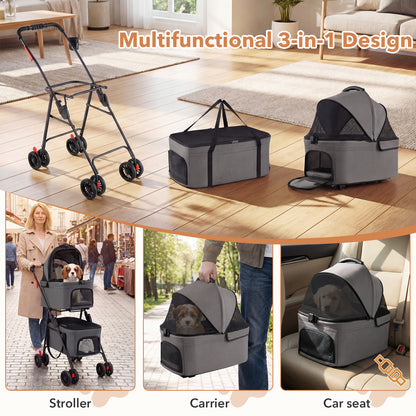 The dog stroller shown as a frame, a carrier, and a car seat in a bright living room