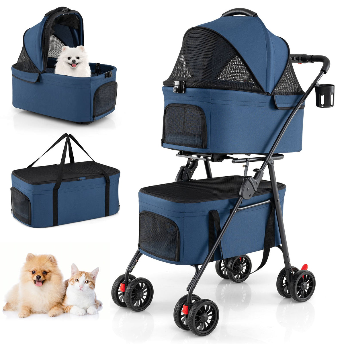 Double Pet Stroller 3 in 1 Foldable with two detachable carriers in blue, shown with a dog in the top carrier and a separate