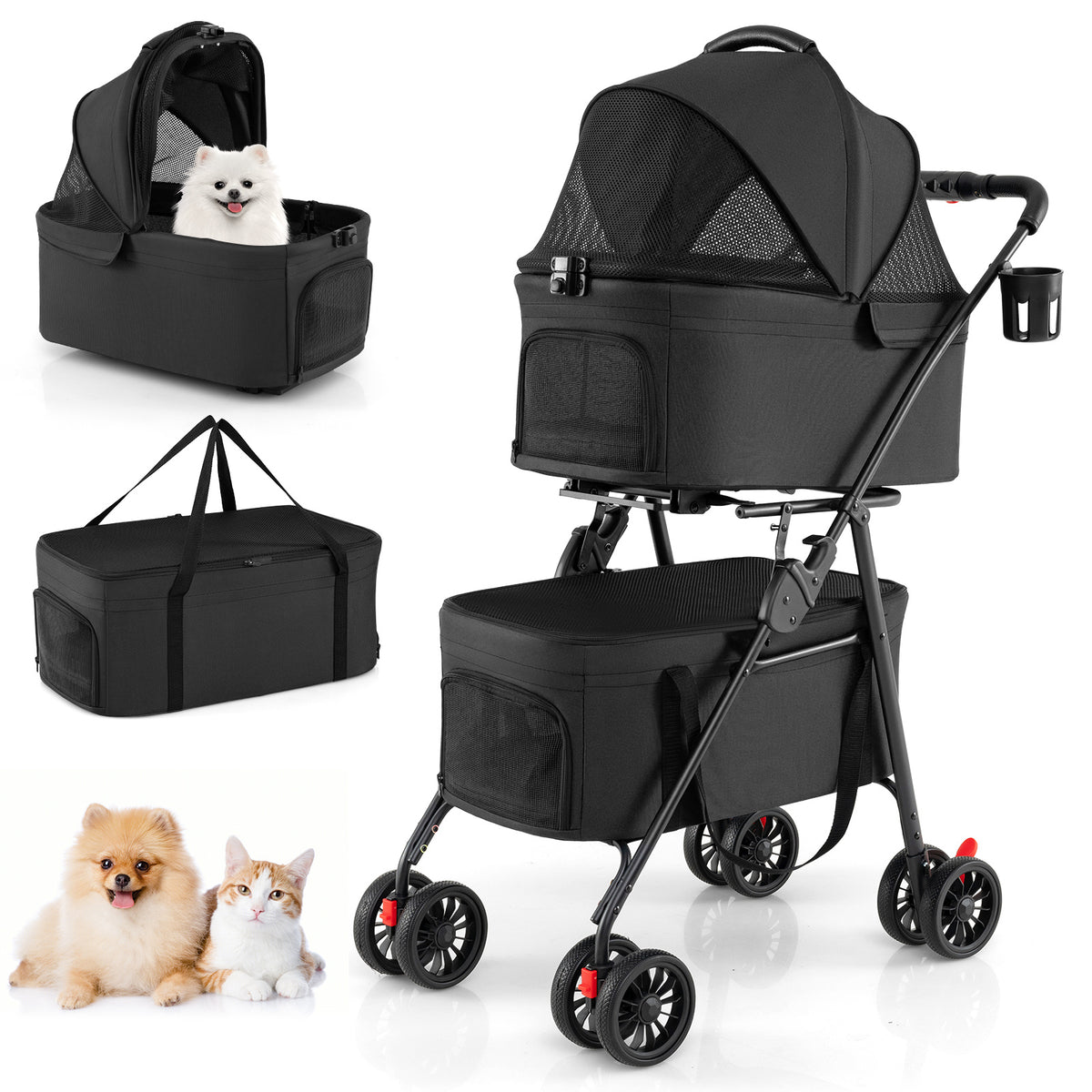 Double Pet Stroller 3 in 1 Foldable with two black carriers and a small dog and cat