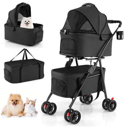 Double Pet Stroller 3 in 1 Foldable with two black carriers and a small dog and cat