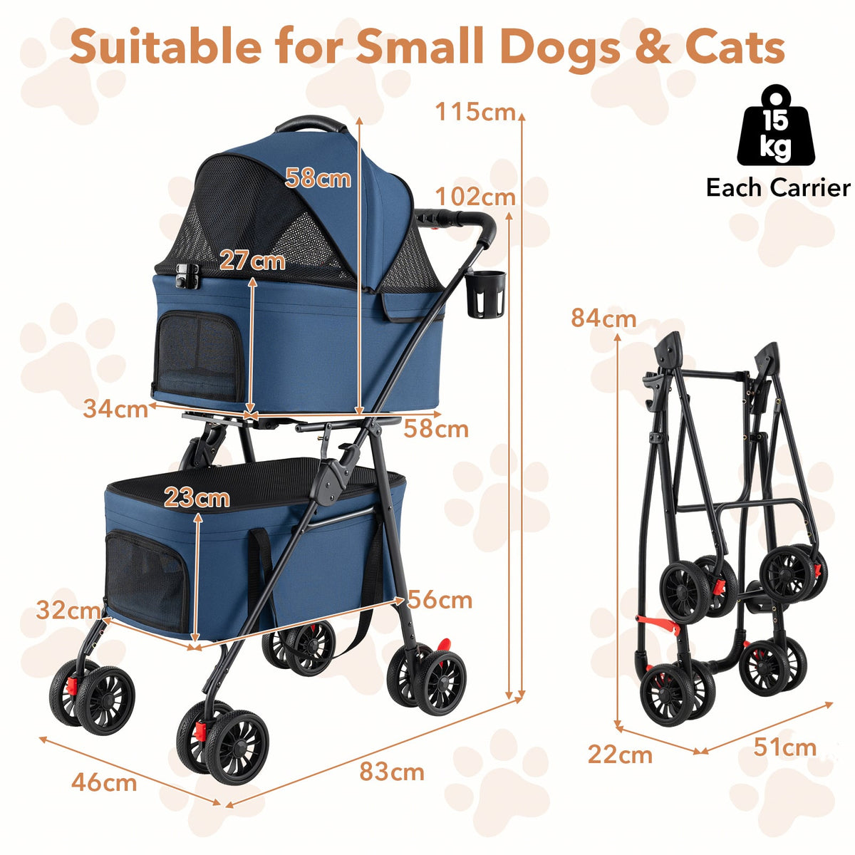 Size diagram of the blue double pet stroller and its folded dimensions, with measurements shown