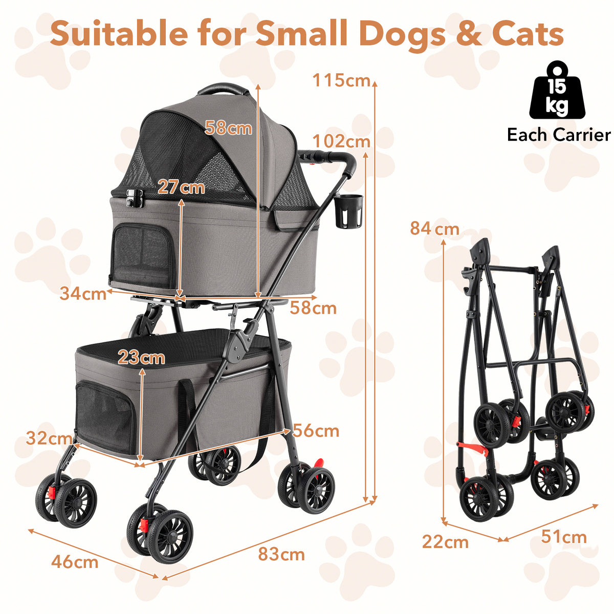 The dog stroller and its folded frame with labels showing dimensions for small pets