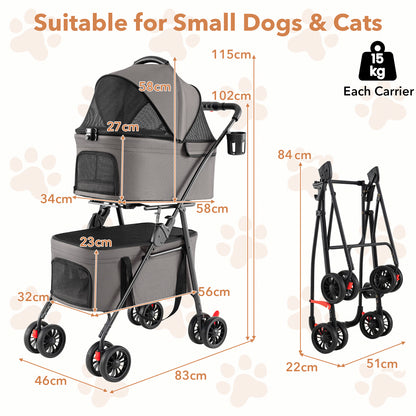 The dog stroller and its folded frame with labels showing dimensions for small pets