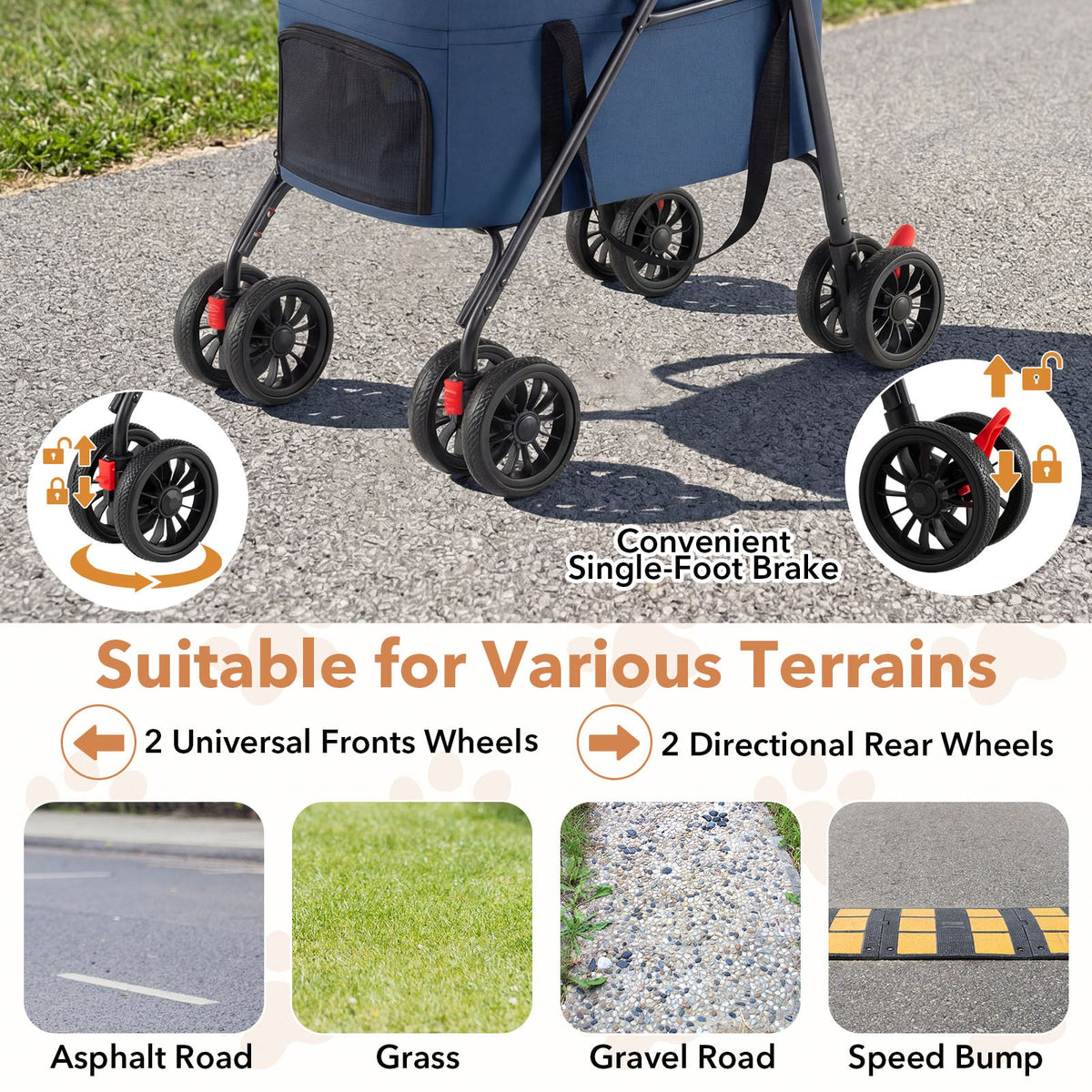 Close up of the wheels of the blue double pet stroller, showing the locking mechanism and different terrains