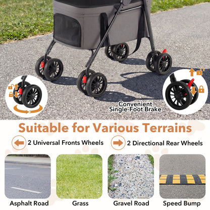 The dog stroller wheels and brake system shown with various outdoor ground surfaces