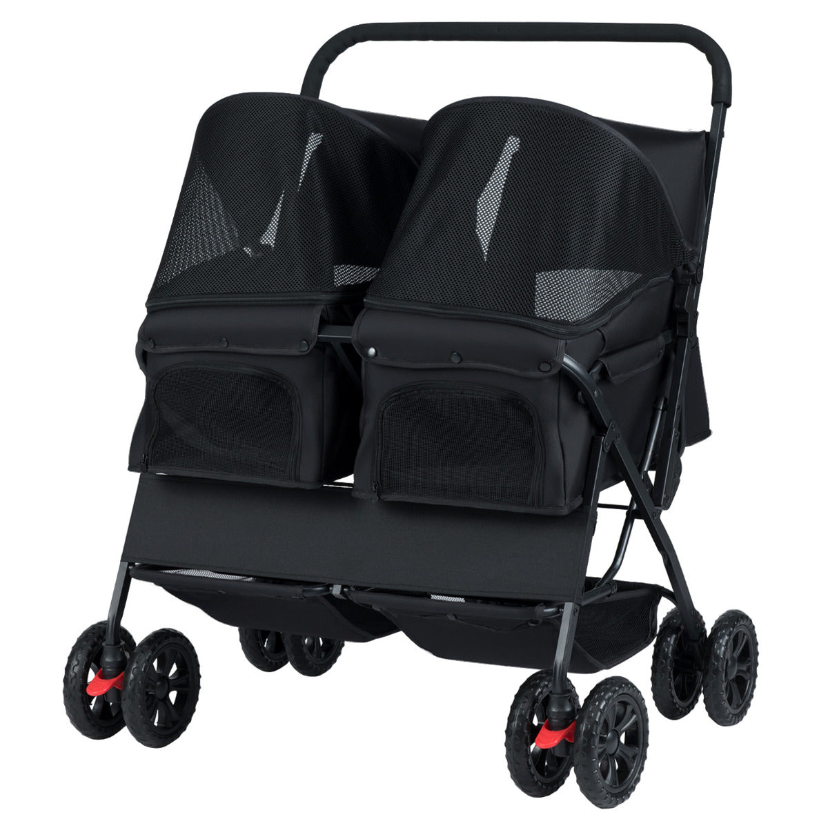 The black double pet stroller shown from a slightly elevated front angle with two pet carriers