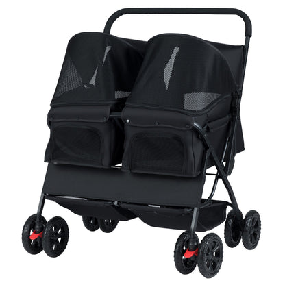 The black double pet stroller shown from a slightly elevated front angle with two pet carriers