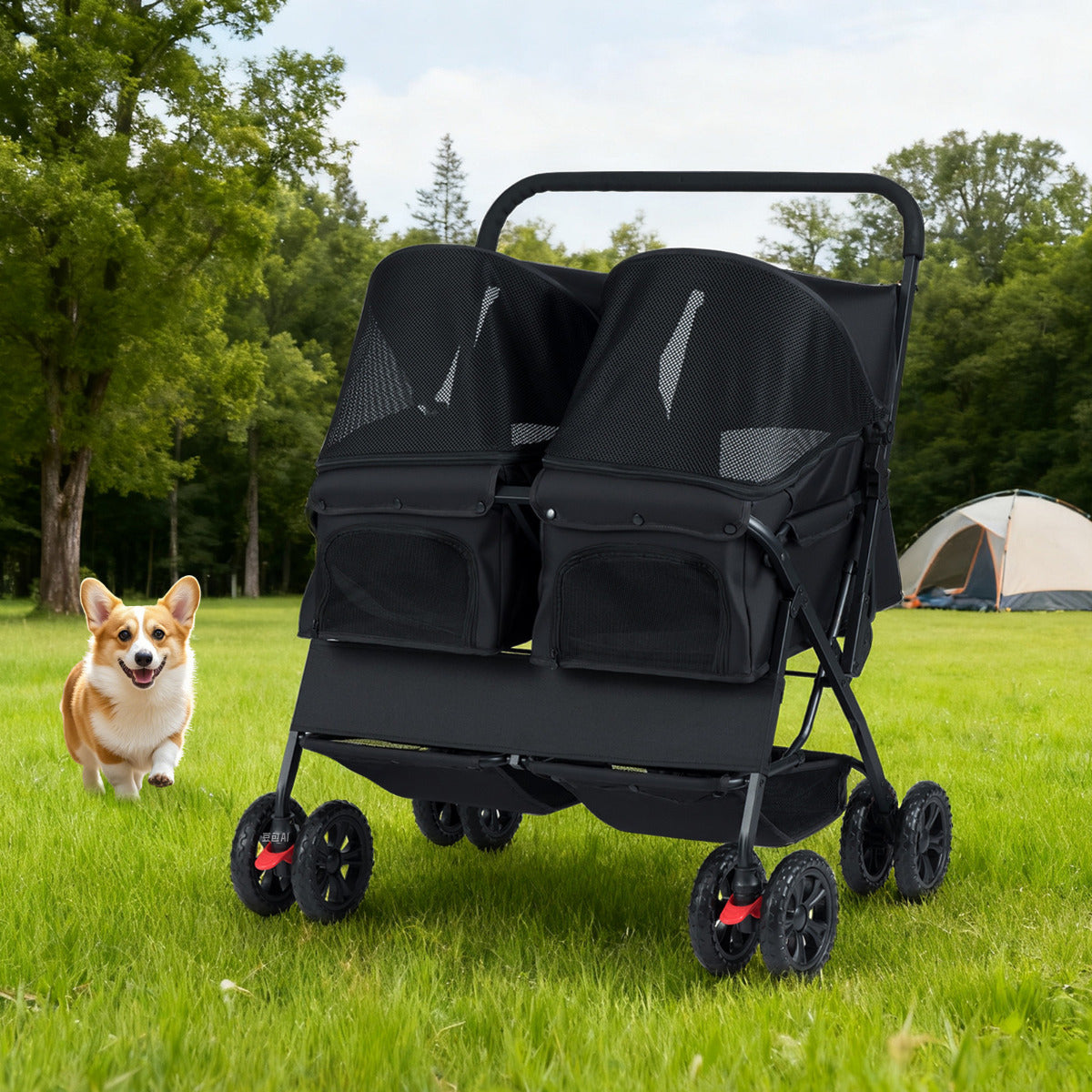 A black double dog stroller parked on grass with a dog running towards it in the background