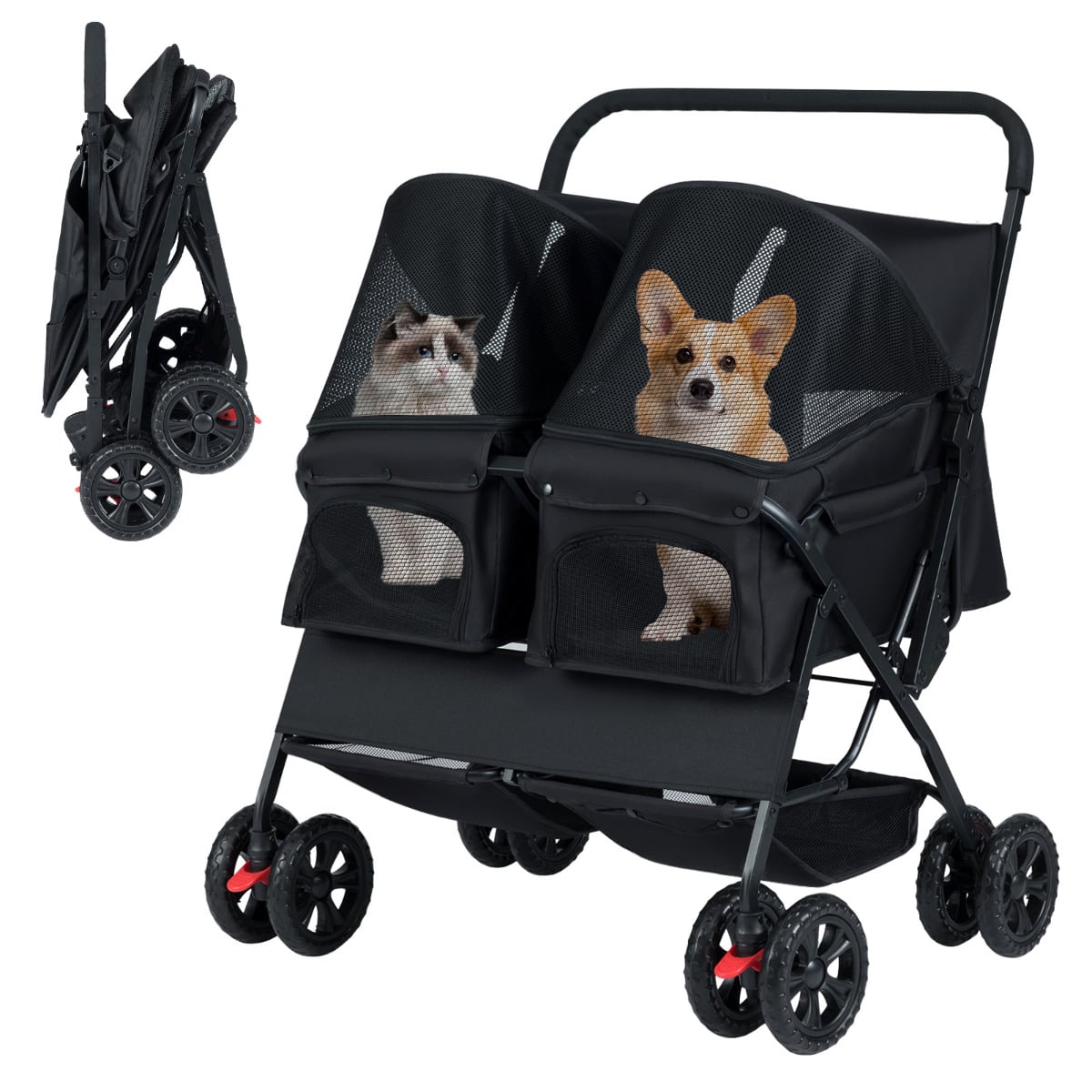 Double Pet Stroller Foldable Twin Dog Walk Jogger with two mesh-covered compartments for pets