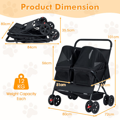 Product dimension diagram showing the size and weight capacity of the double dog stroller