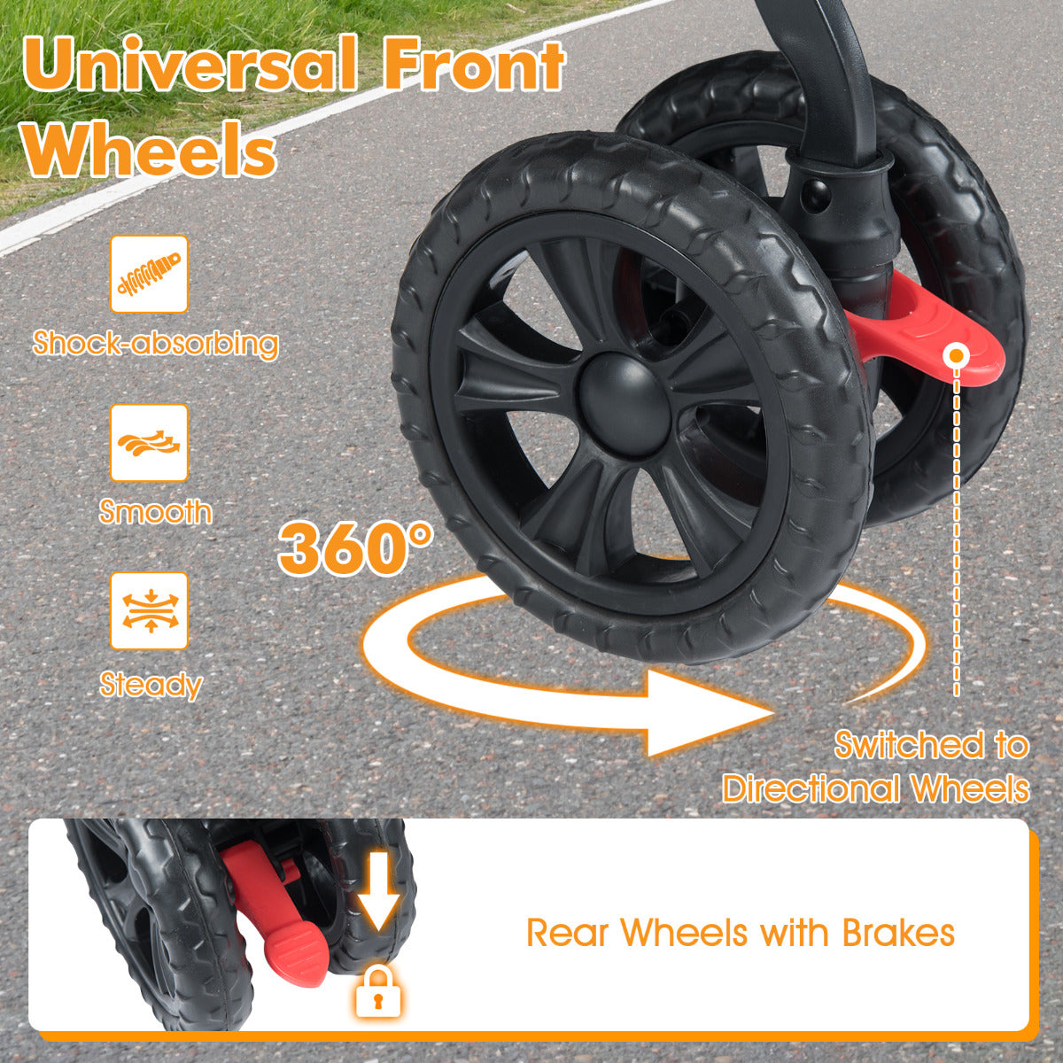 Close up of the front wheels and rear wheels with brakes on the double dog stroller