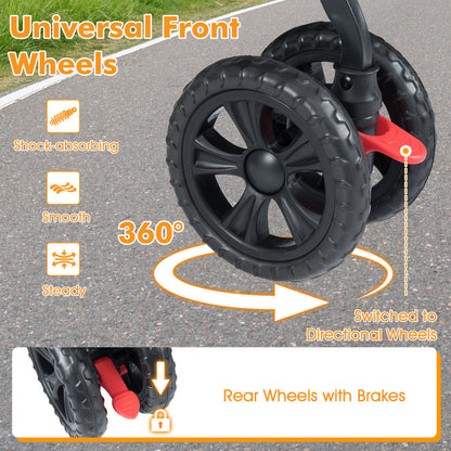 Close up of the front wheels and rear wheels with brakes on the double dog stroller