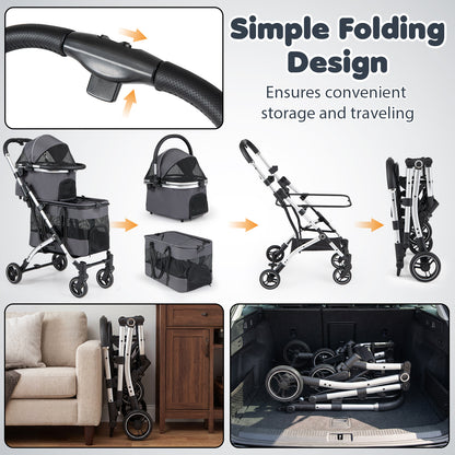 Folding mechanism and storage options for the black double pet stroller