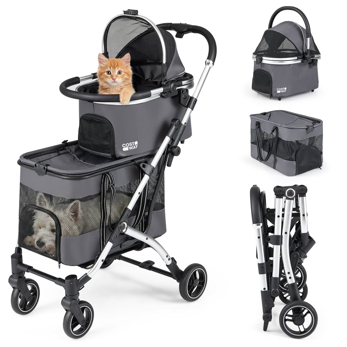 Double Pet Stroller with two detachable carriers and a foldable dog jogger car seat in black