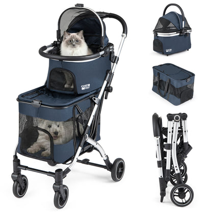 Double Pet Stroller with two navy blue carriers and a silver frame shown with separate components