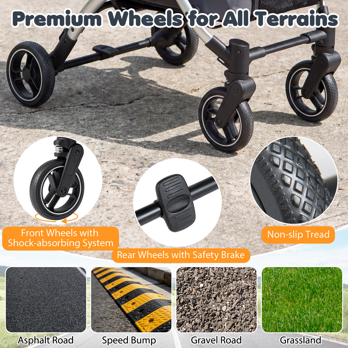 Close-up of the premium wheels for all terrains on the black dog stroller