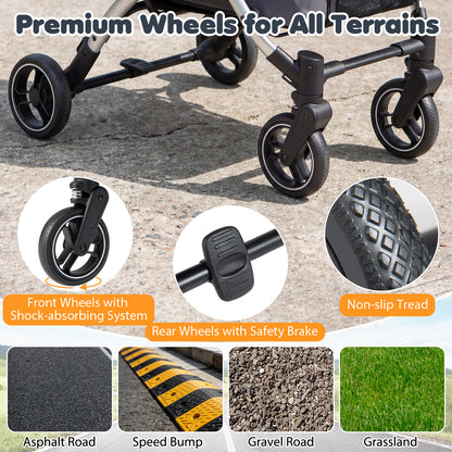 Close-up of the premium wheels for all terrains on the black dog stroller