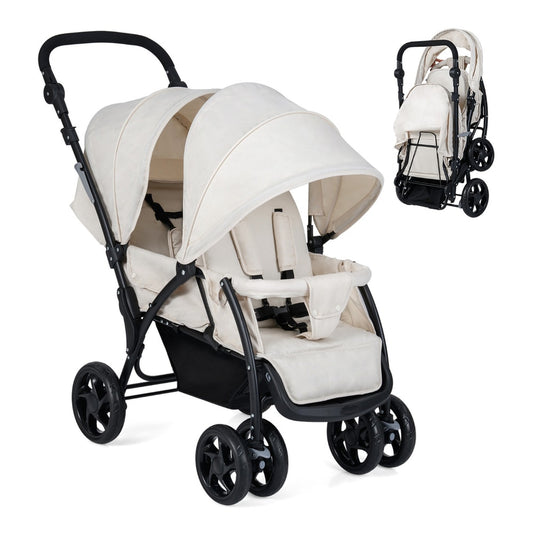 Double Pushchair with Adjustable Backrest and Sunshade in beige, front view with both seats visible