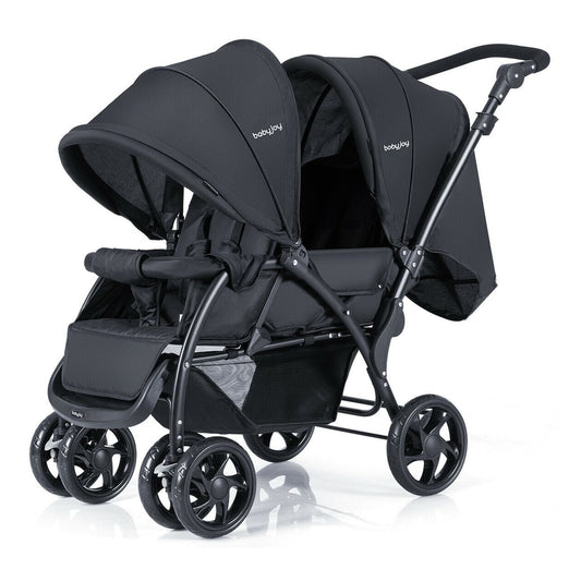 Double Pushchair with Adjustable Backrest and Sunshade in black, shown from the front with both canopies up