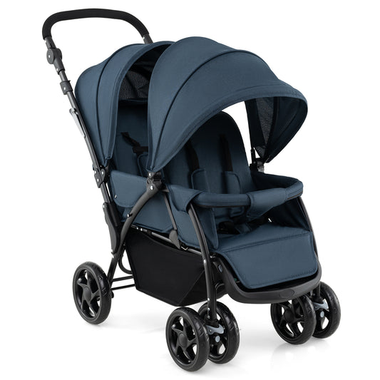 Double Pushchair with Adjustable Backrest and Sunshade in blue, a side view of the full product