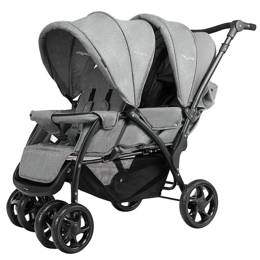 Double Pushchair with Adjustable Backrest and Sunshade in grey, front view with both seats facing forward
