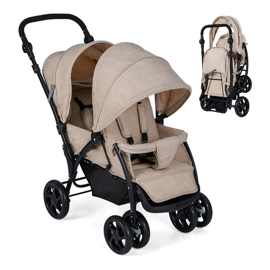 Double Pushchair with Adjustable Backrest and Sunshade in khaki, a tandem double stroller with two seats and sunshades