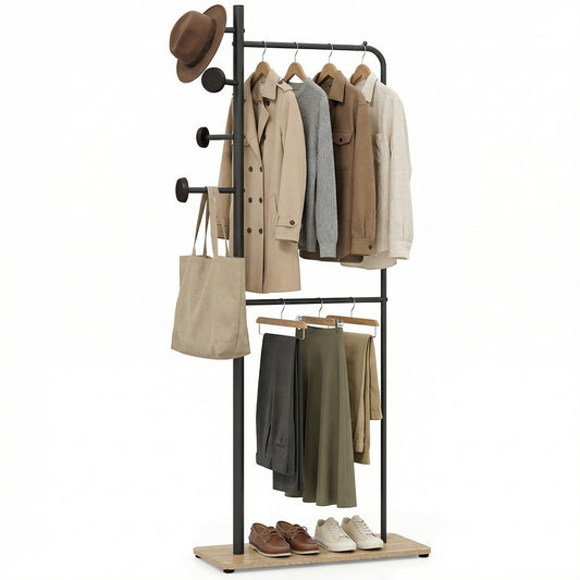 Double Rods Clothes Hanging Rack holding various garments and accessories on a white background
