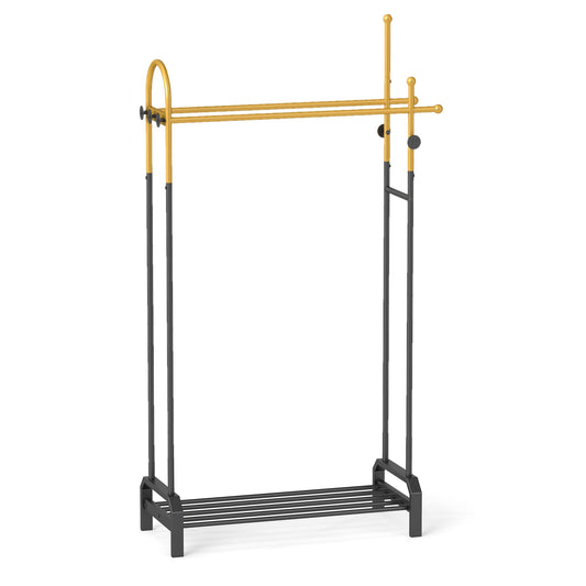 Double Rods Garment Rack Freestanding Clothing Rack with 5 Hooks-Golden
