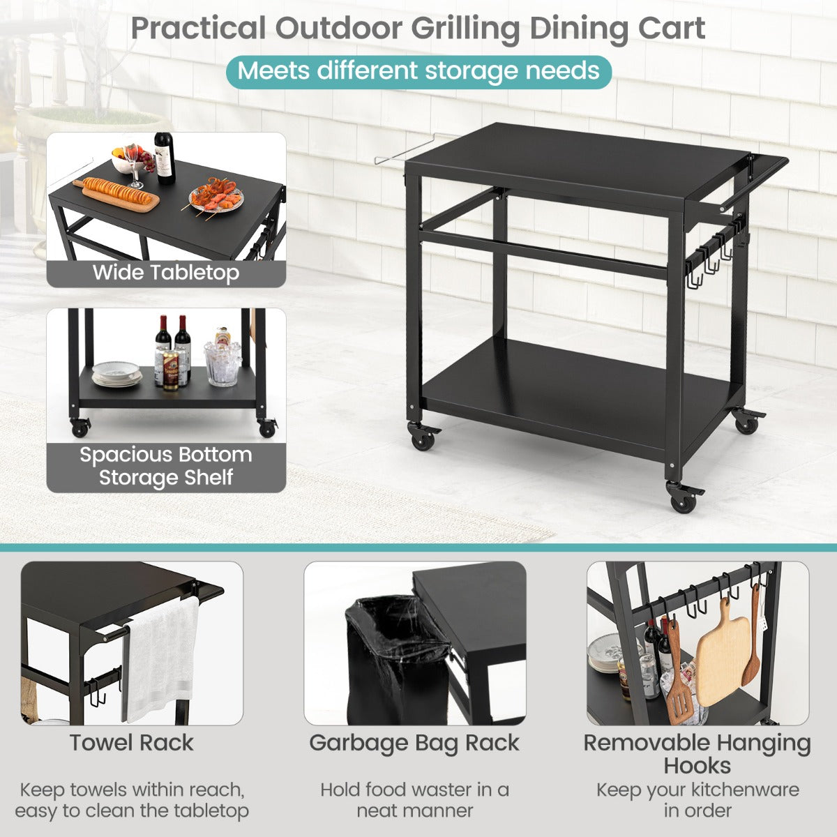 Double-Shelf Movable BBQ Cart, the outdoor trolley showing various storage features like hooks and a towel rack