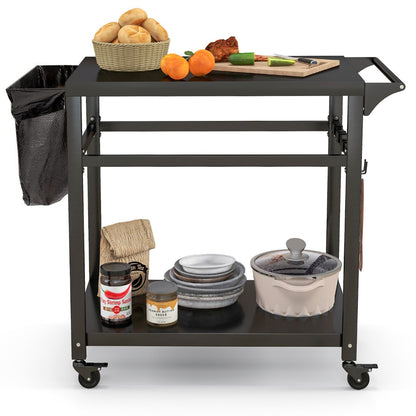 The black metal trolley with a side bin and hanging hooks filled with kitchen items