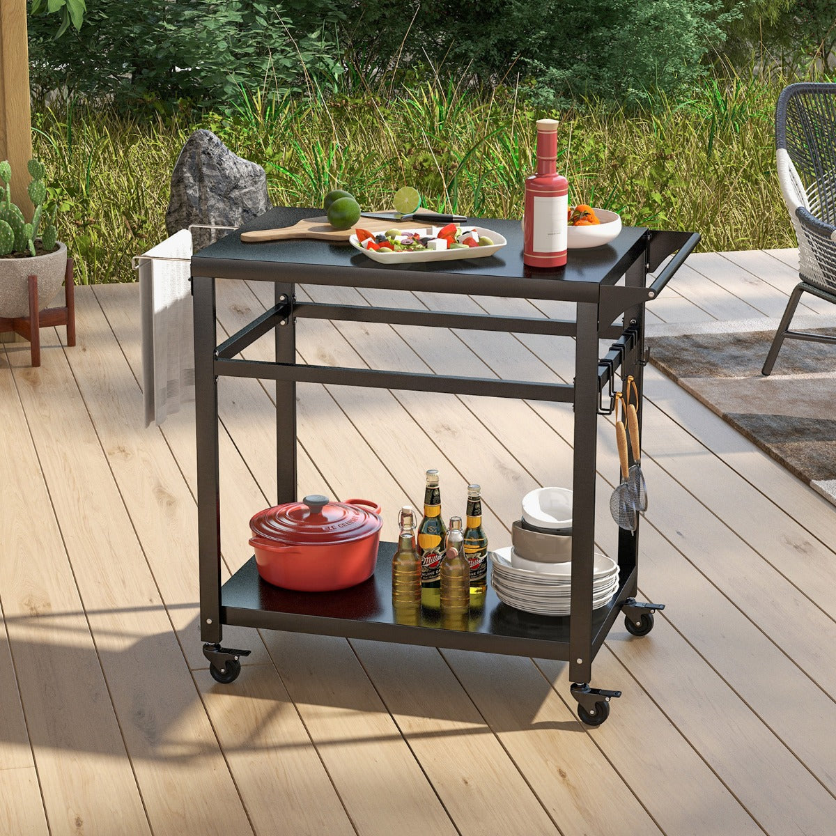Double-Shelf Movable BBQ Cart standing on a wooden patio with food and drinks on the shelves